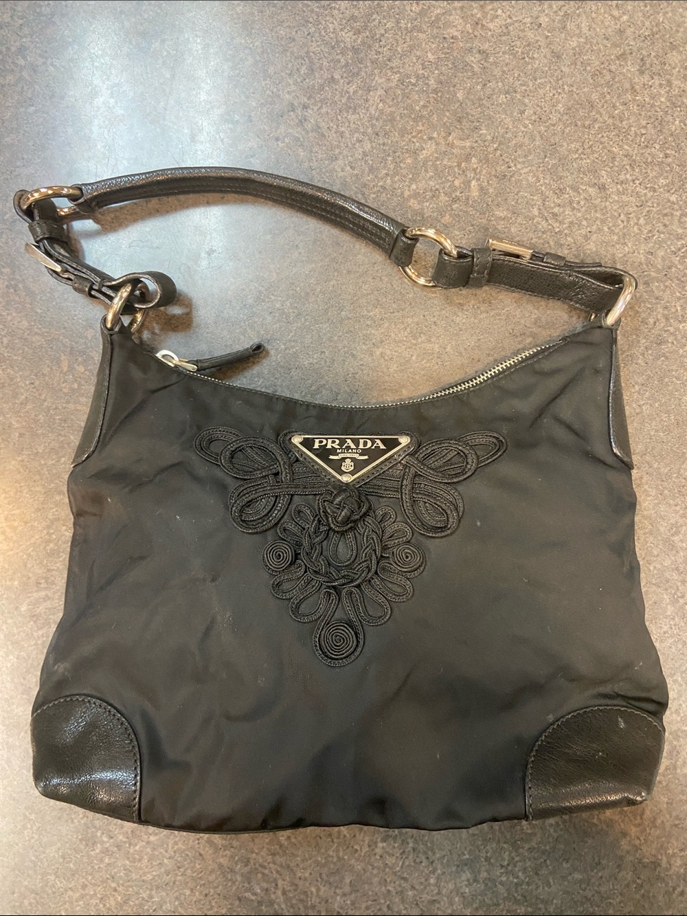 Prada Black Nylon Shoulder Bag with Embroidered Motif